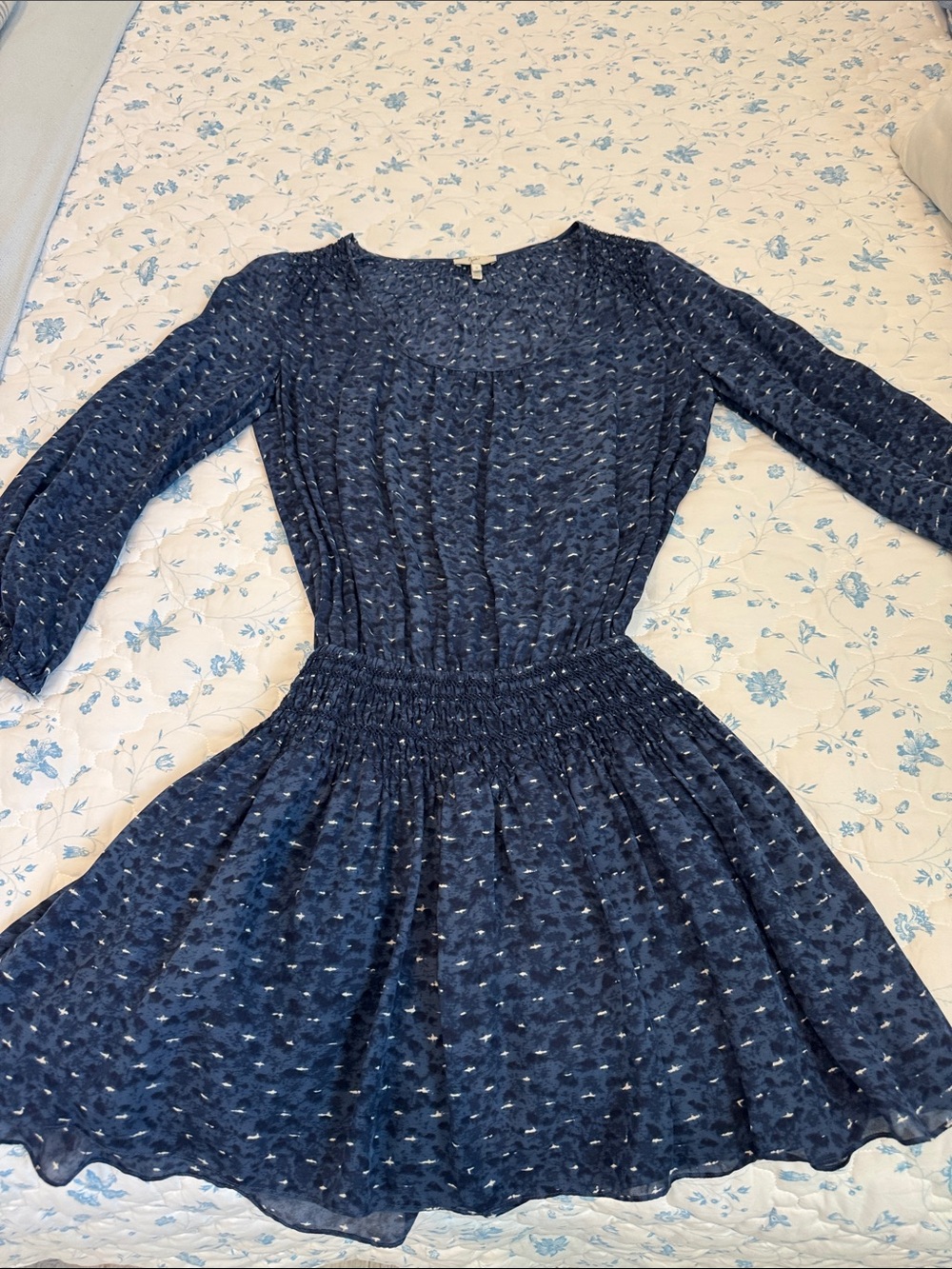 Joie Navy Blue Long-Sleeve Smocked-Waist Dress